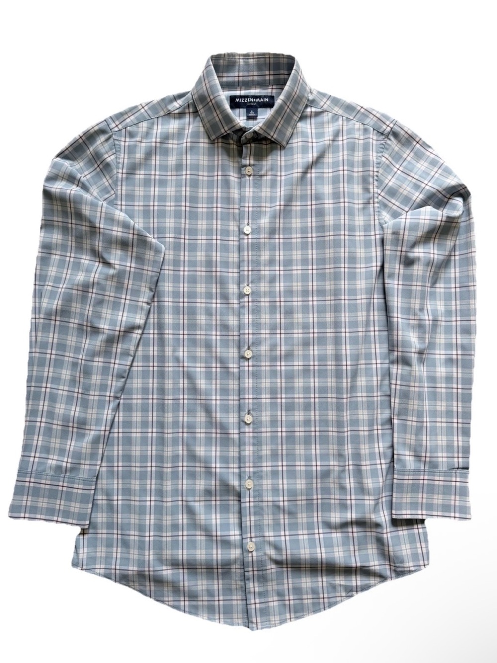 Mizzen + Main Light Blue Polyester Plaid Small Trim Fit Long Sleeve Shirt, EUC